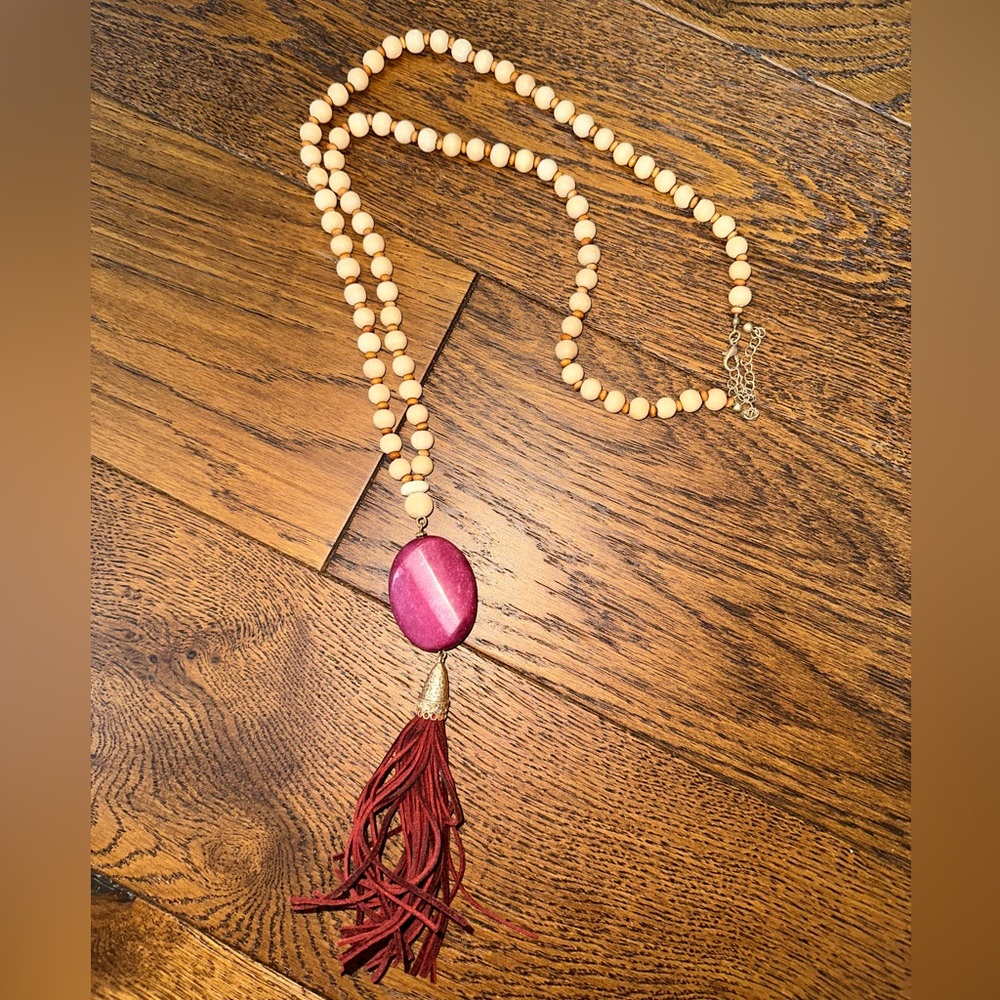 Long Maroon and Wood Beaded Tassel Statement Necklace